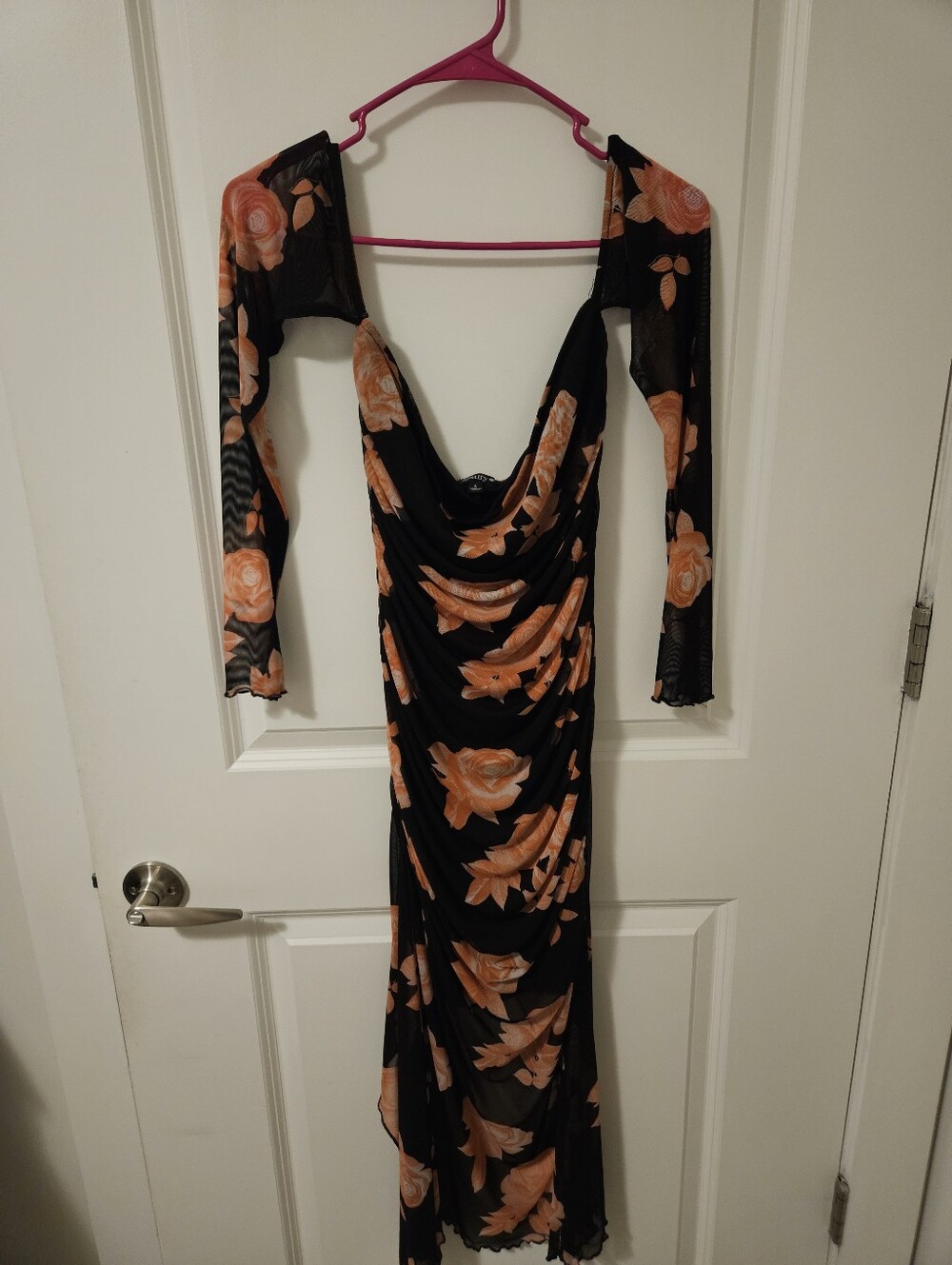 Black Long Sleeve Strapless Pink Rose Print Midi Dress
